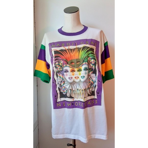 Mardi Gras Tops - VTG 1995 Mardi Gras New Orleans White 3 Jester Faces T-Shirt Lg Rainbow Sleeves
